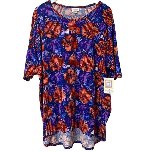 LULAROE Plus Size Tunic Tee 2XL Irma Top Blue Purple Print Tshirt Short Sleeve N - Picture 2 of 9